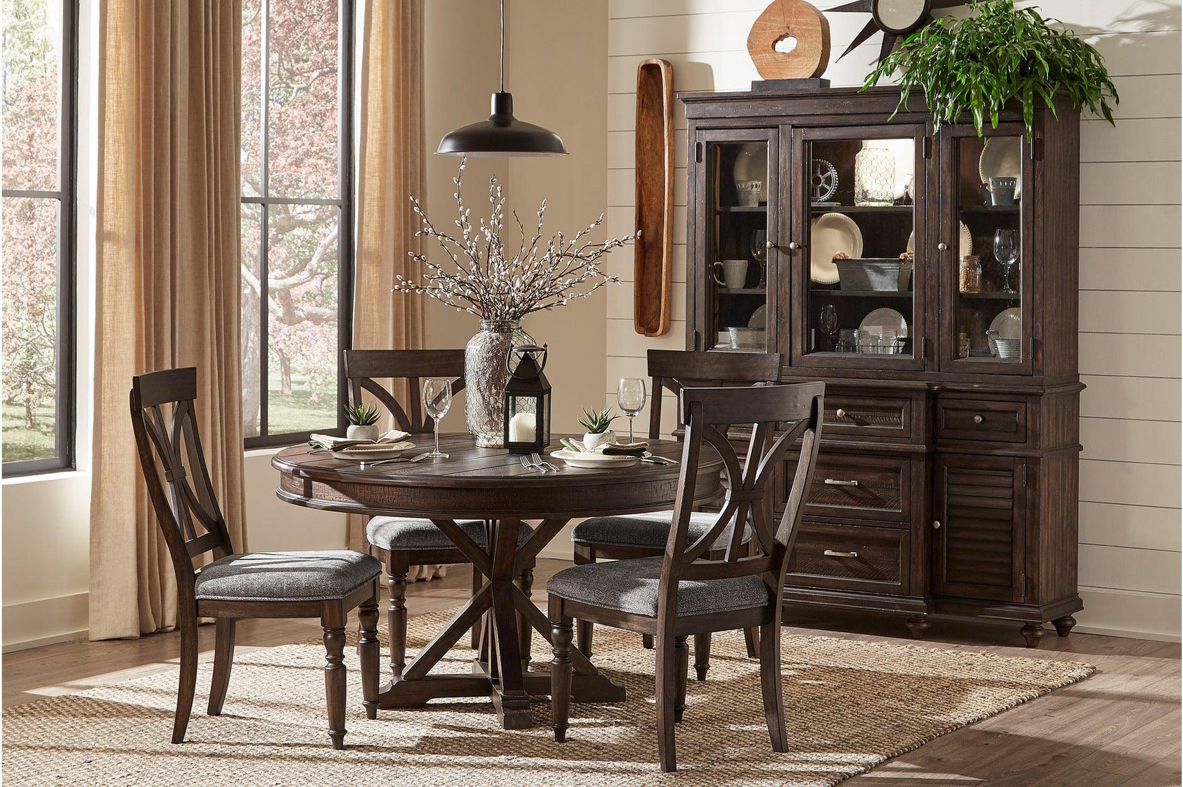 main view of Cardano Charcoal Fabric Round Dining Table with 4 upholstered chairs