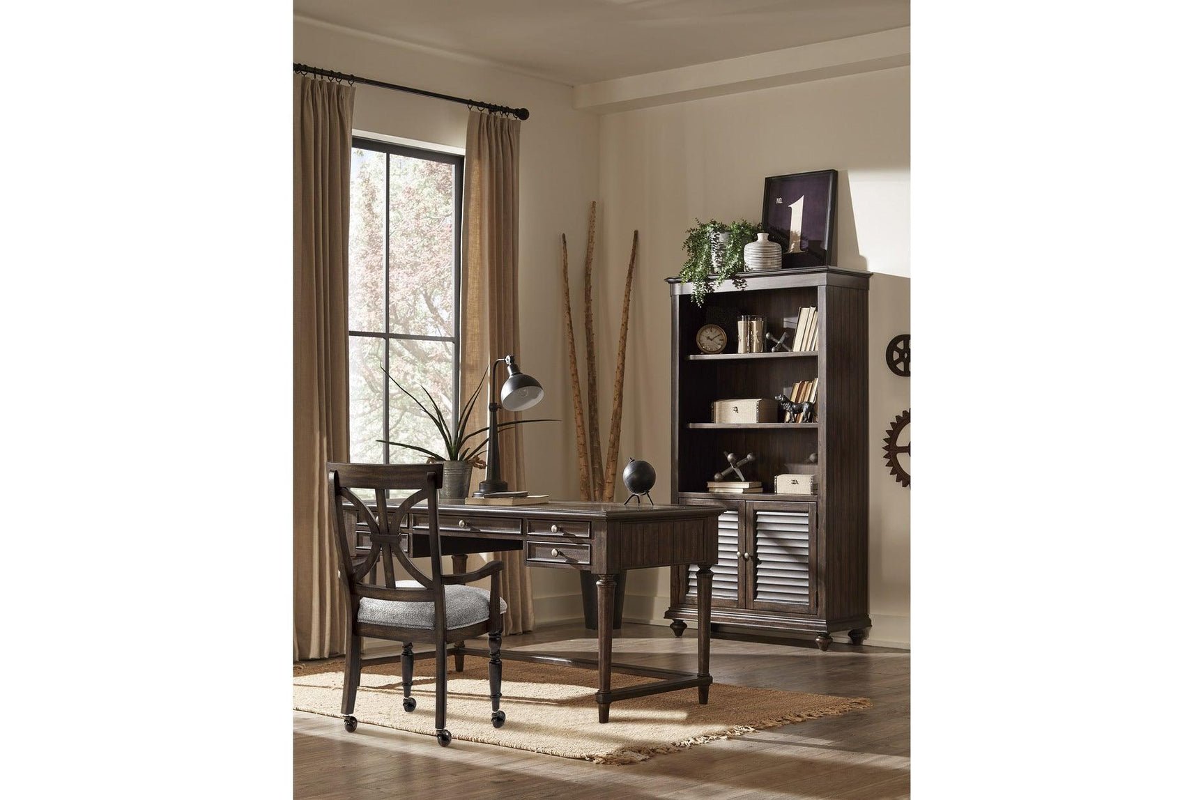 Cardano Charcoal Acacia Writing Desk side view showing drawer