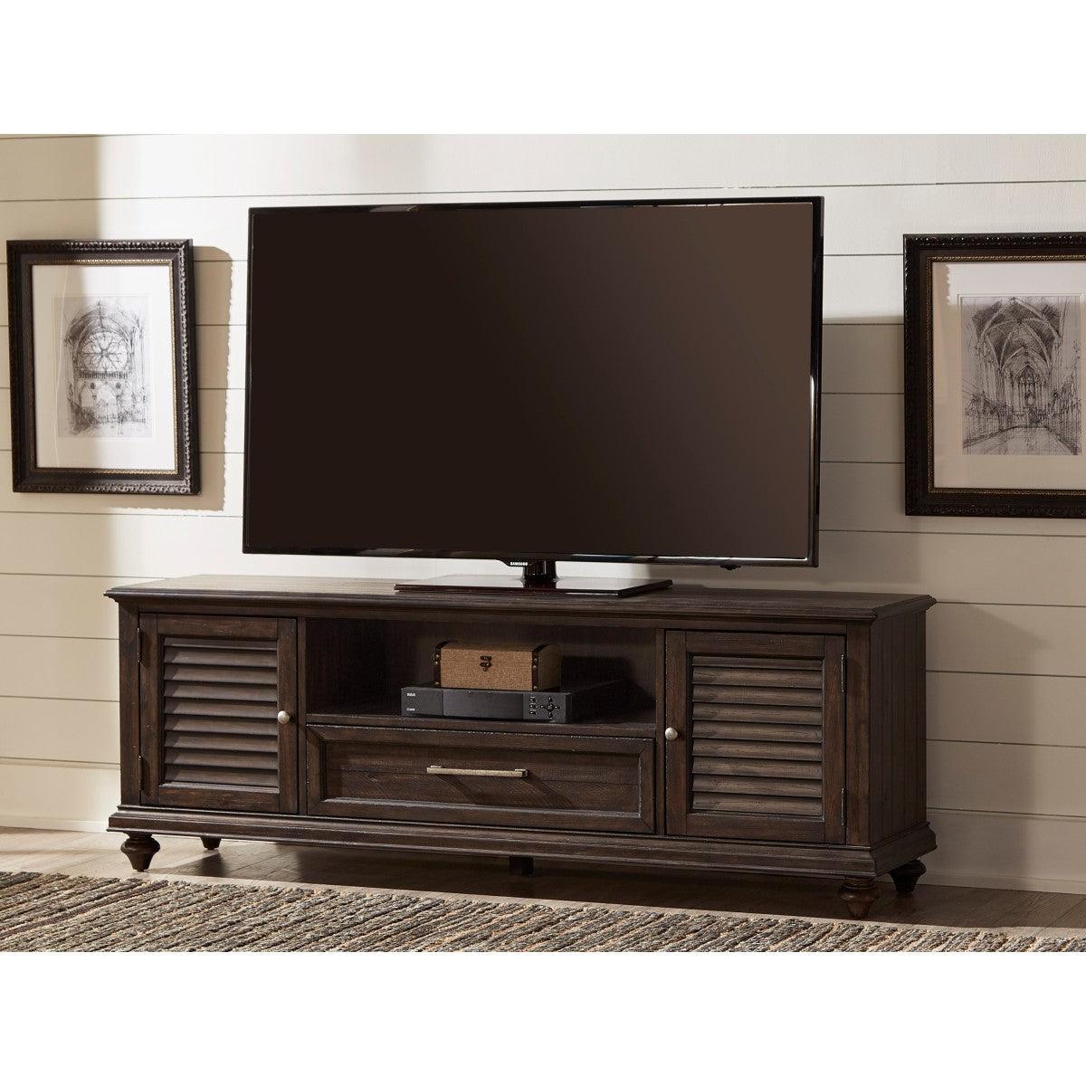 Dovetail drawer and pewter hardware detail on Cardano Charcoal TV stand