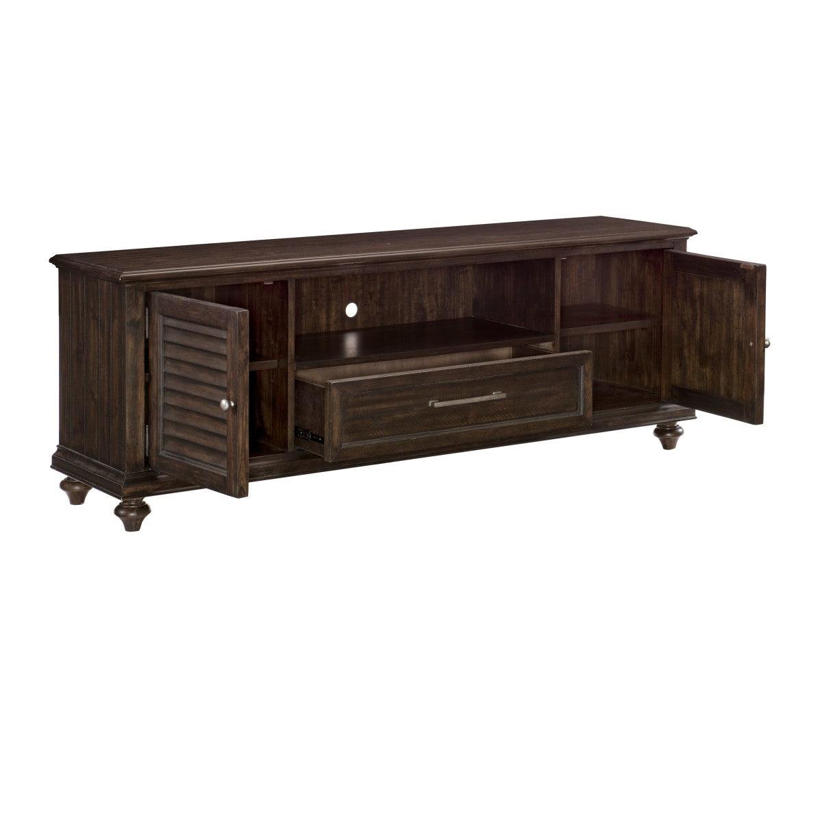 Open storage compartments in Cardano Charcoal media console TV stand