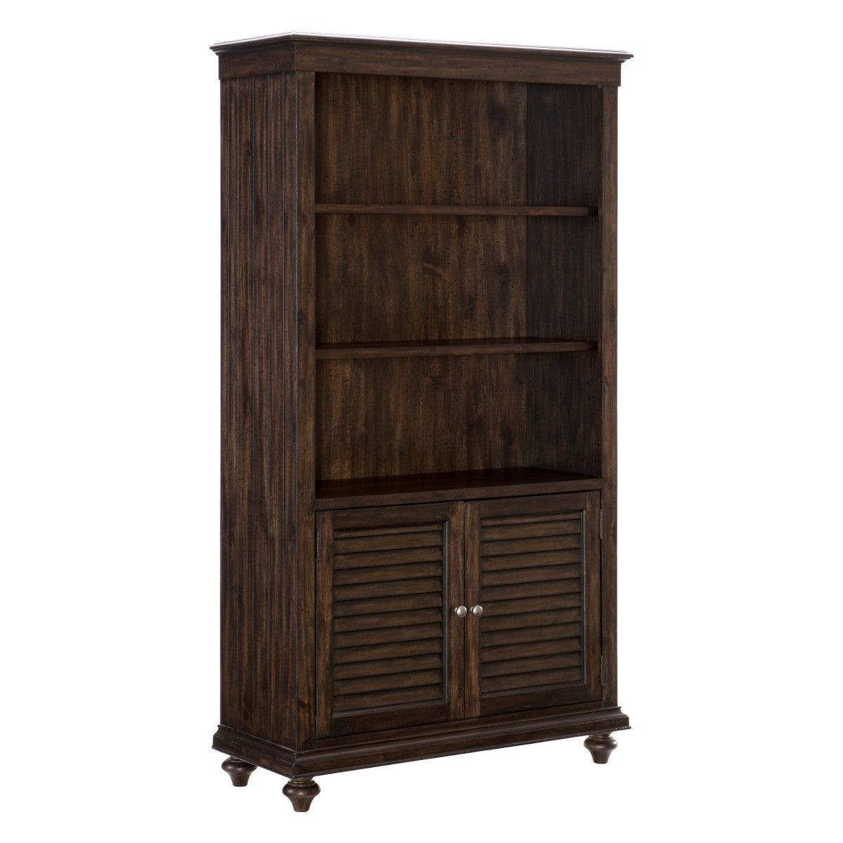 Angled view of Cardano Driftwood Charcoal acacia wood bookcase with open shelving