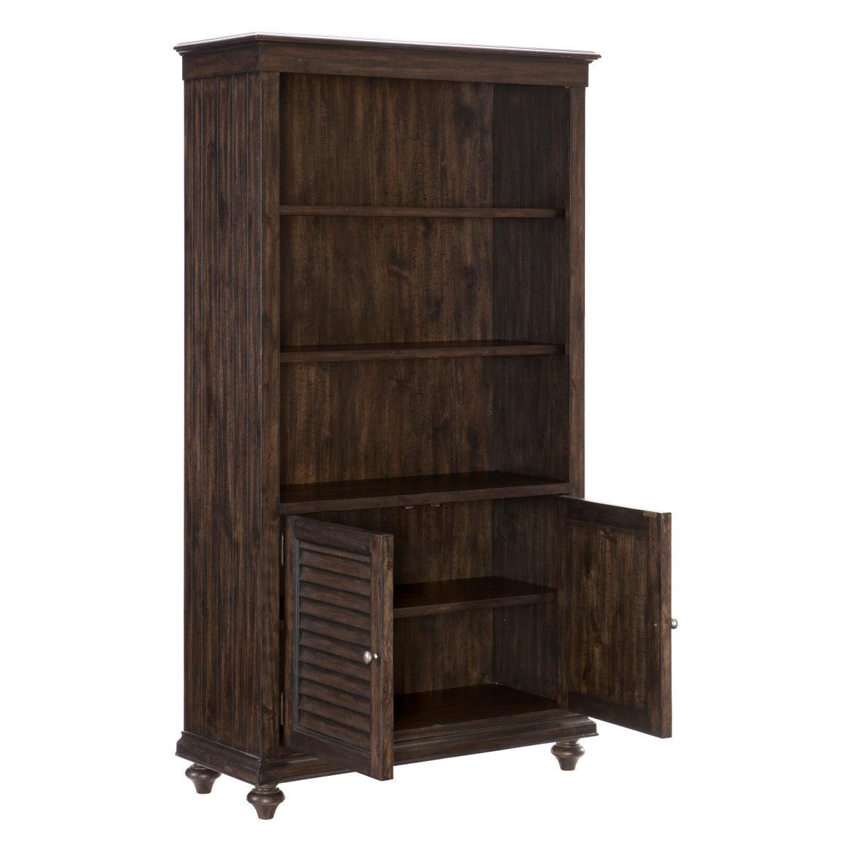 Open shelf detail on Cardano Driftwood Charcoal acacia veneer bookcase