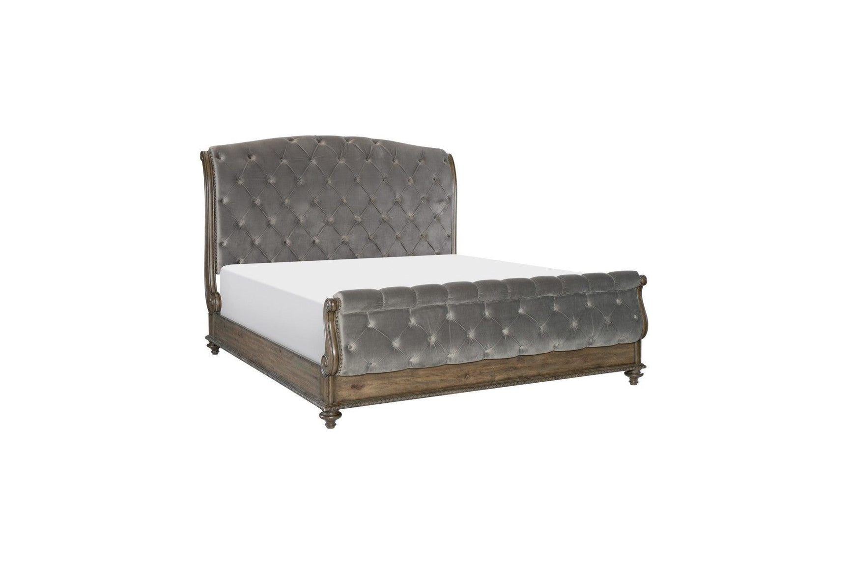 angled bedroom view of Rachelle Gray Velvet Upholstered Tufted Sleigh Bedroom Set bed