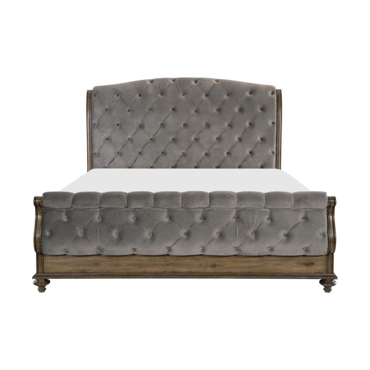 Rachelle Gray Velvet Tufted Queen Sleigh Bed angled view