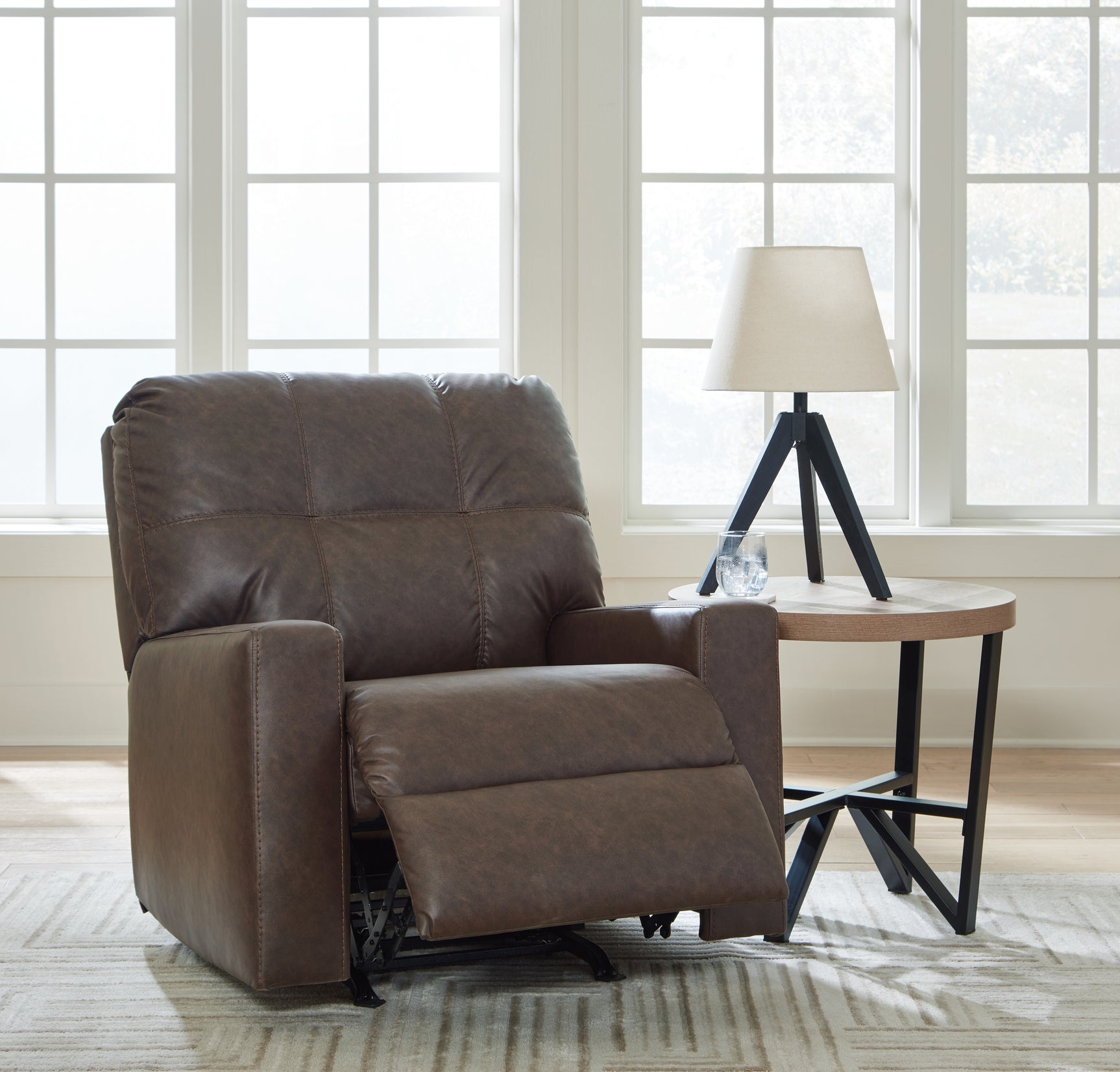 fully reclined view of Barlin Mills Umber Faux Leather Recliner
