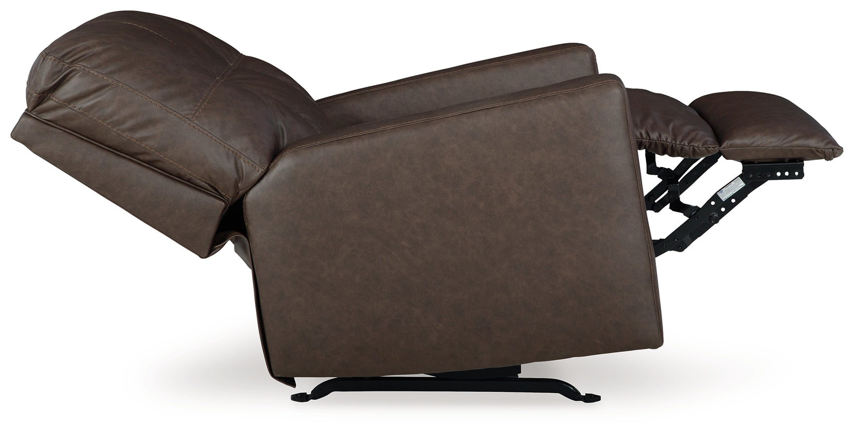 reclining side view of Barlin Mills Umber Faux Leather Recliner