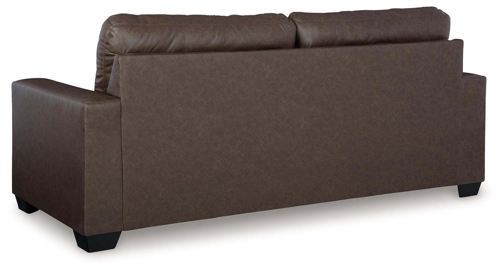 Barlin Mills Umber Faux Leather Sofa back and side view