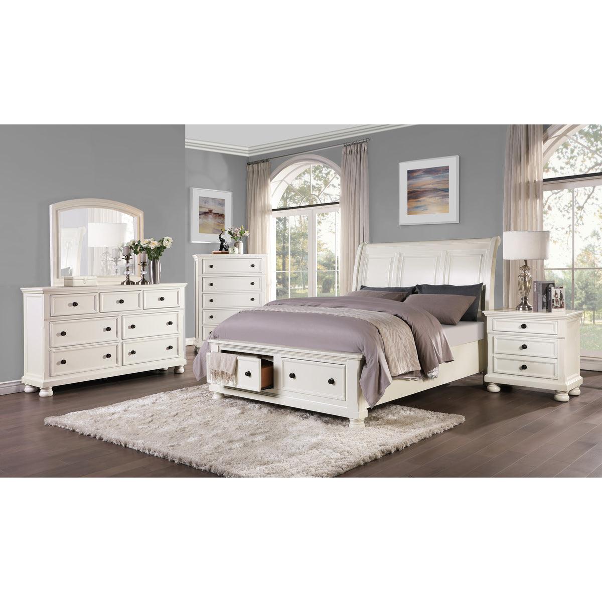 Angled view of Laurelin White King Sleigh Platform Bed in white finish