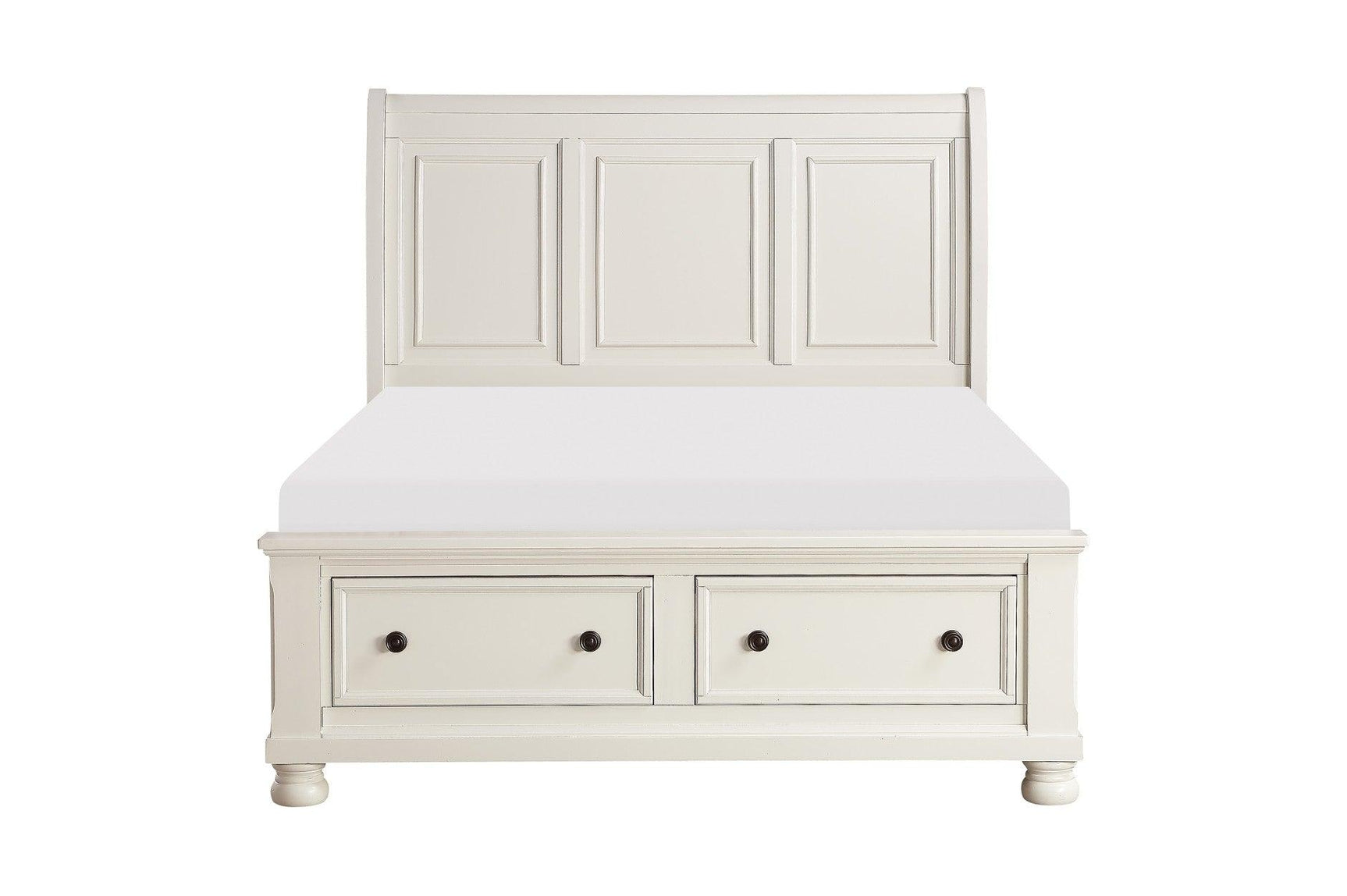 Side view of Laurelin White Sleigh Storage Bedroom Set bed