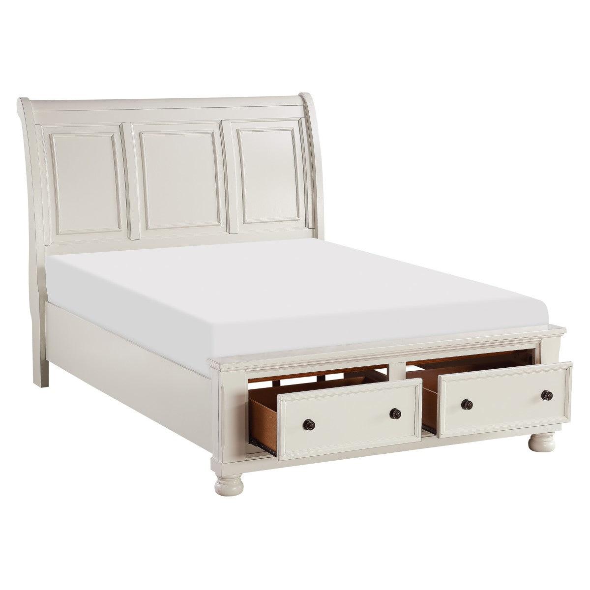 Laurelin White Queen Sleigh Platform Bed footboard storage drawers open
