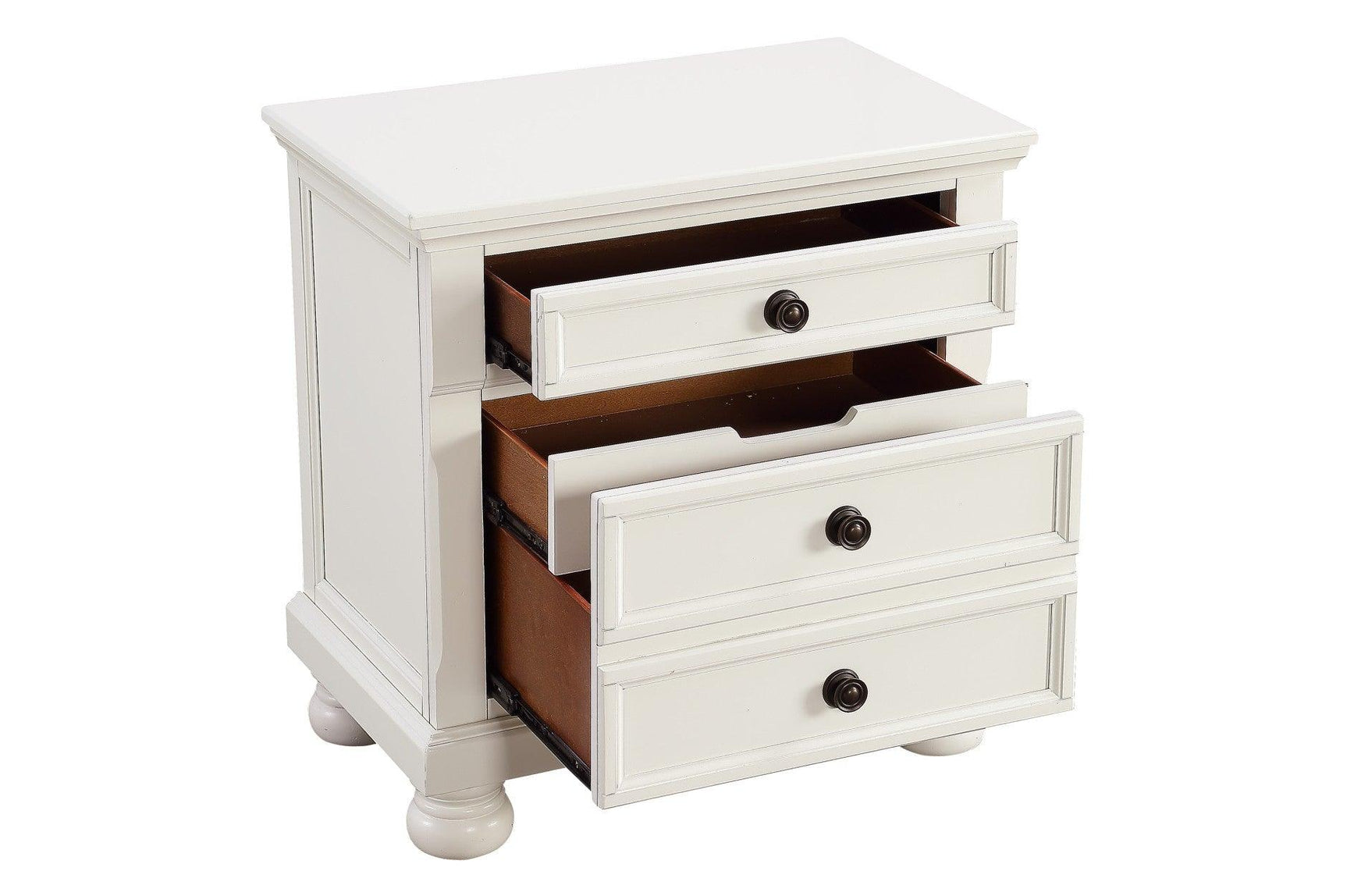 Side angle with open drawer on bed