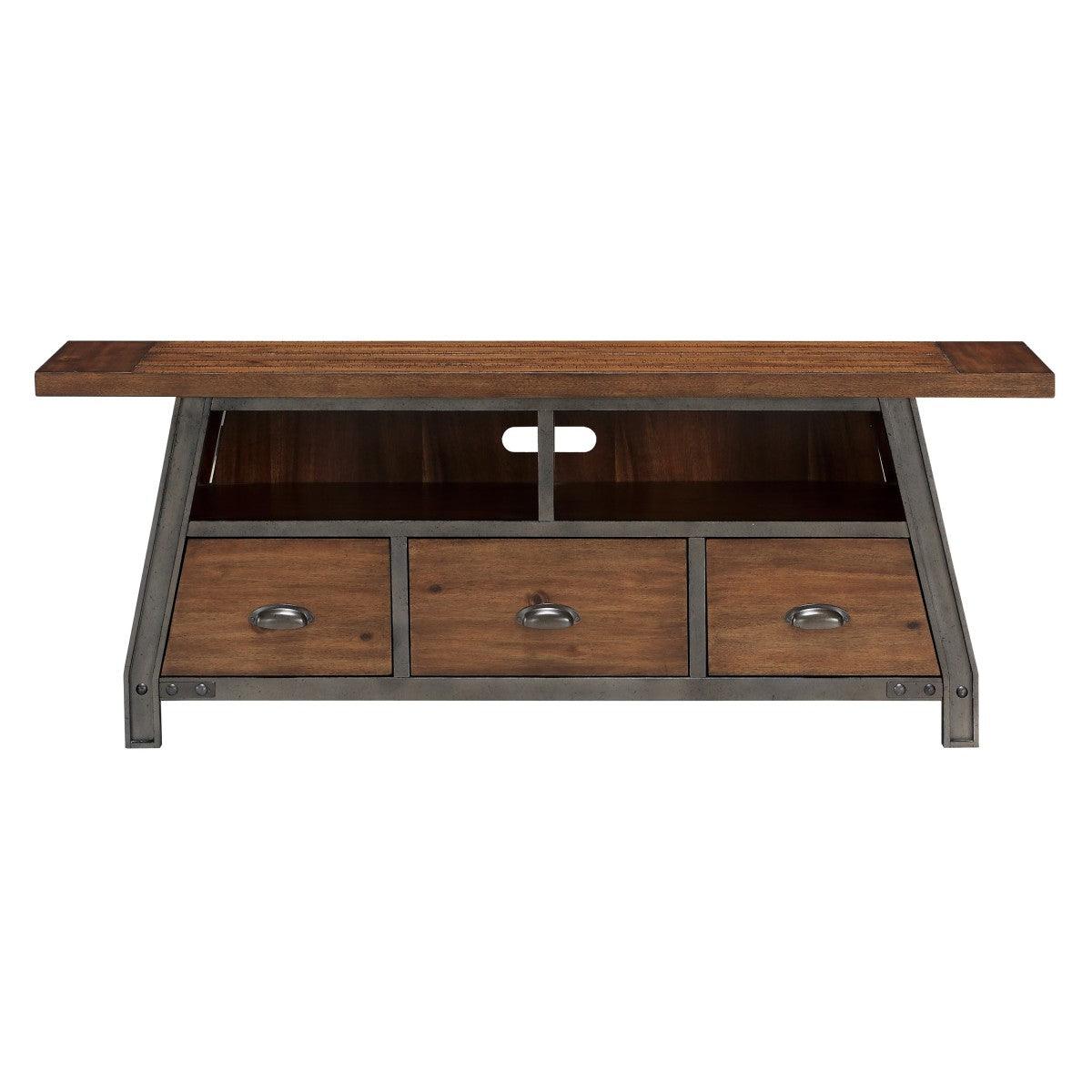 Holverson rustic brown and gunmetal modern TV stand front view