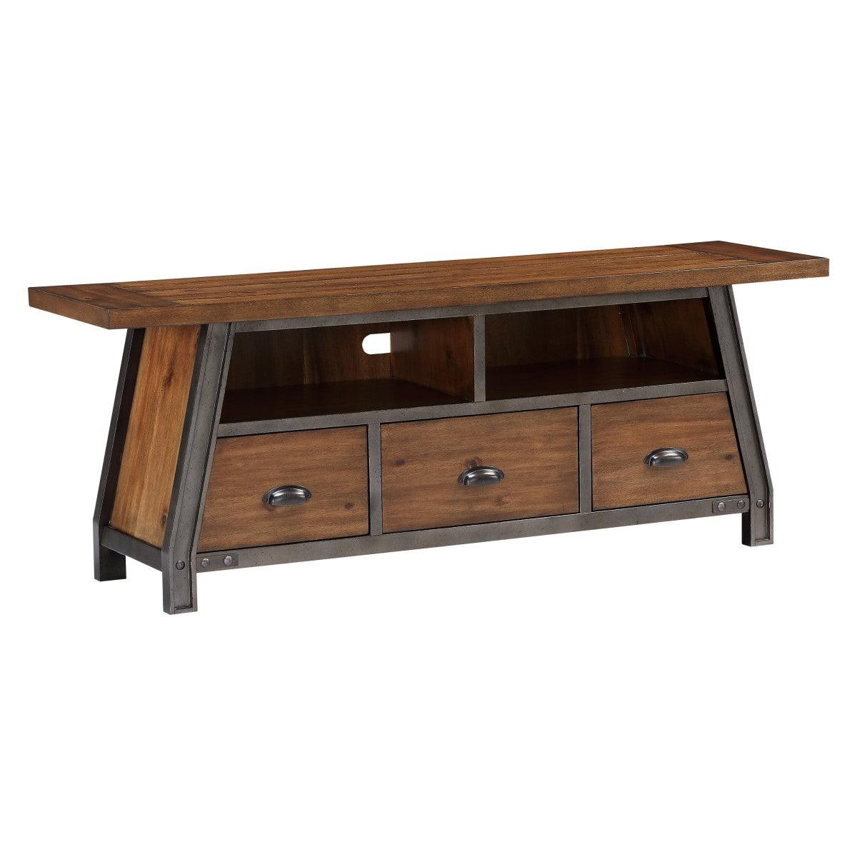 Holverson rustic brown and gunmetal modern TV stand side angle