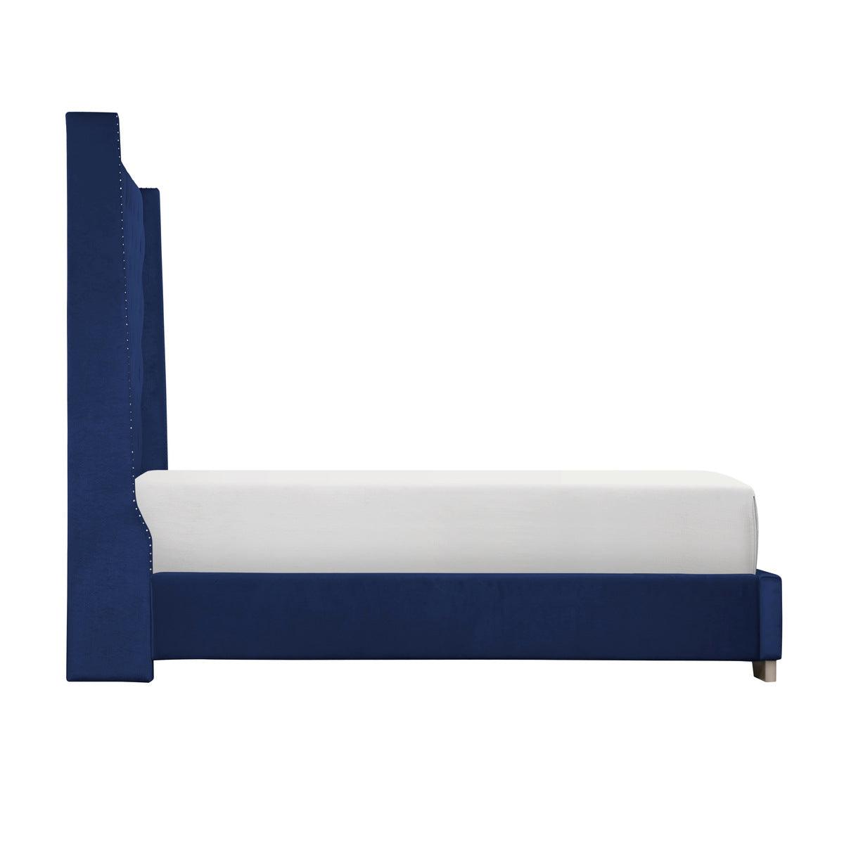 King size blue faux leather bed with sturdy platform base