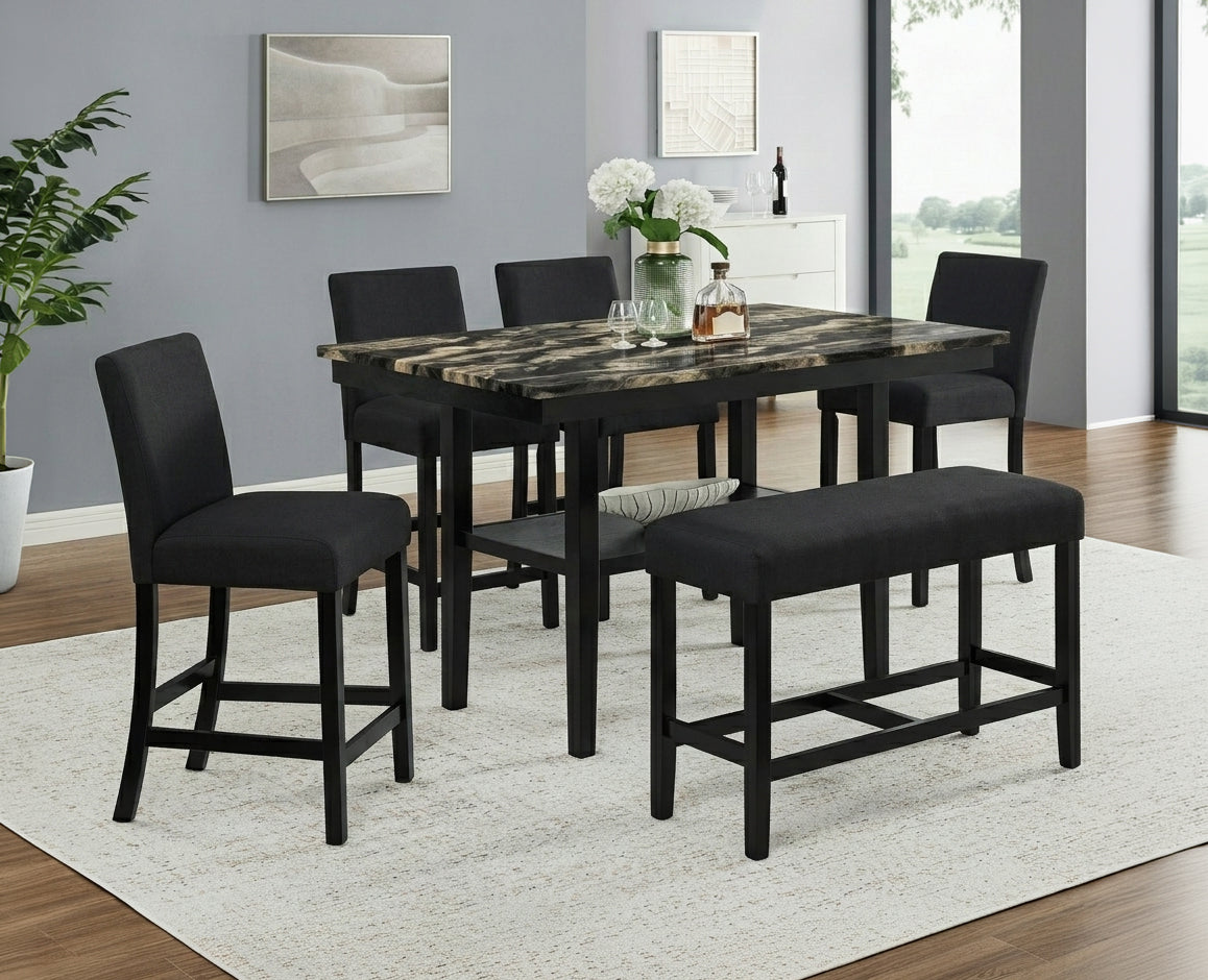 Marbel Faux Marble Counter Height Dining Set 5-Piece With Bench, Gold Black from Decor Furniture
