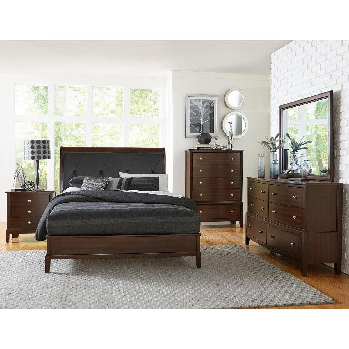Cotterill queen bed full front view highlighting dark cherry finish and upholstery