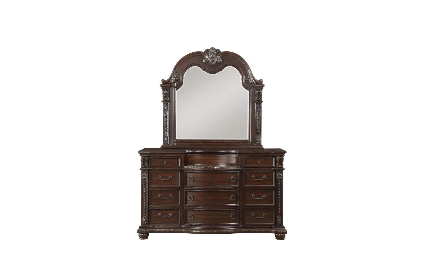 Front view close-up of dark cherry sleigh bed's tufted headboard