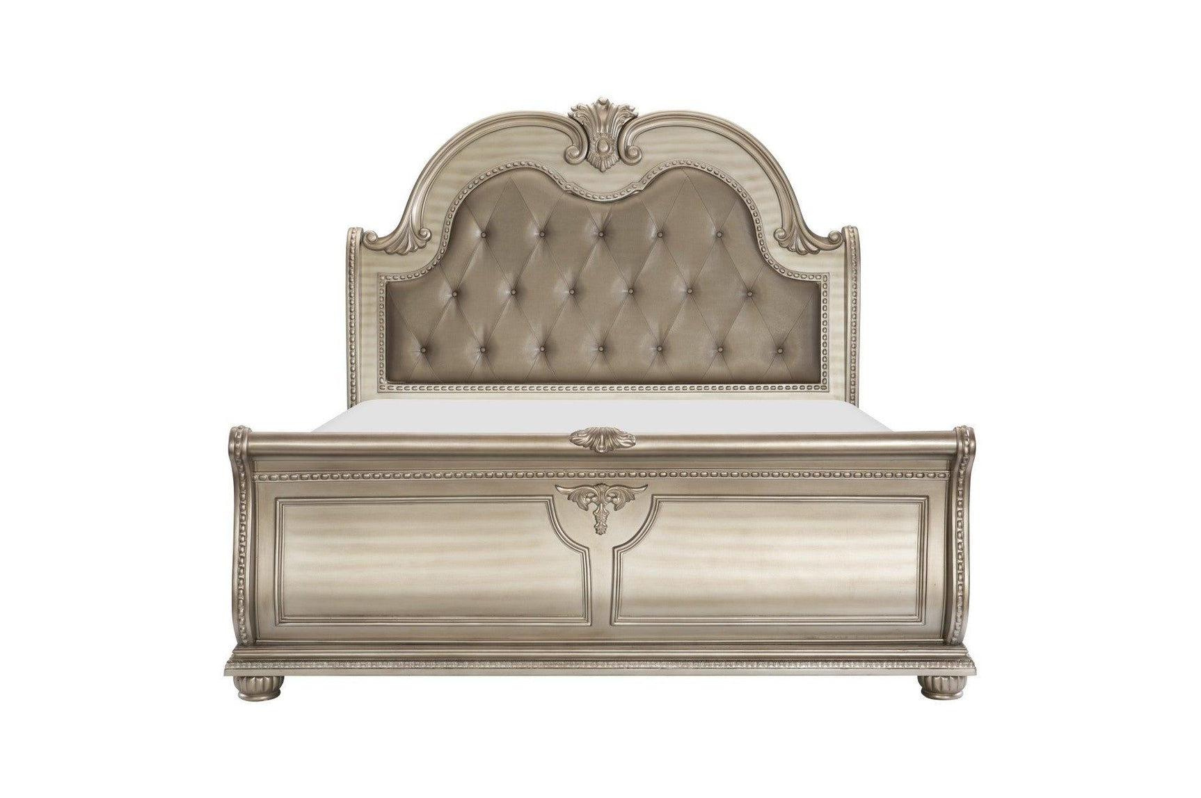 Side view of Cavalier Silver Faux Leather Tufted Sleigh King Bed