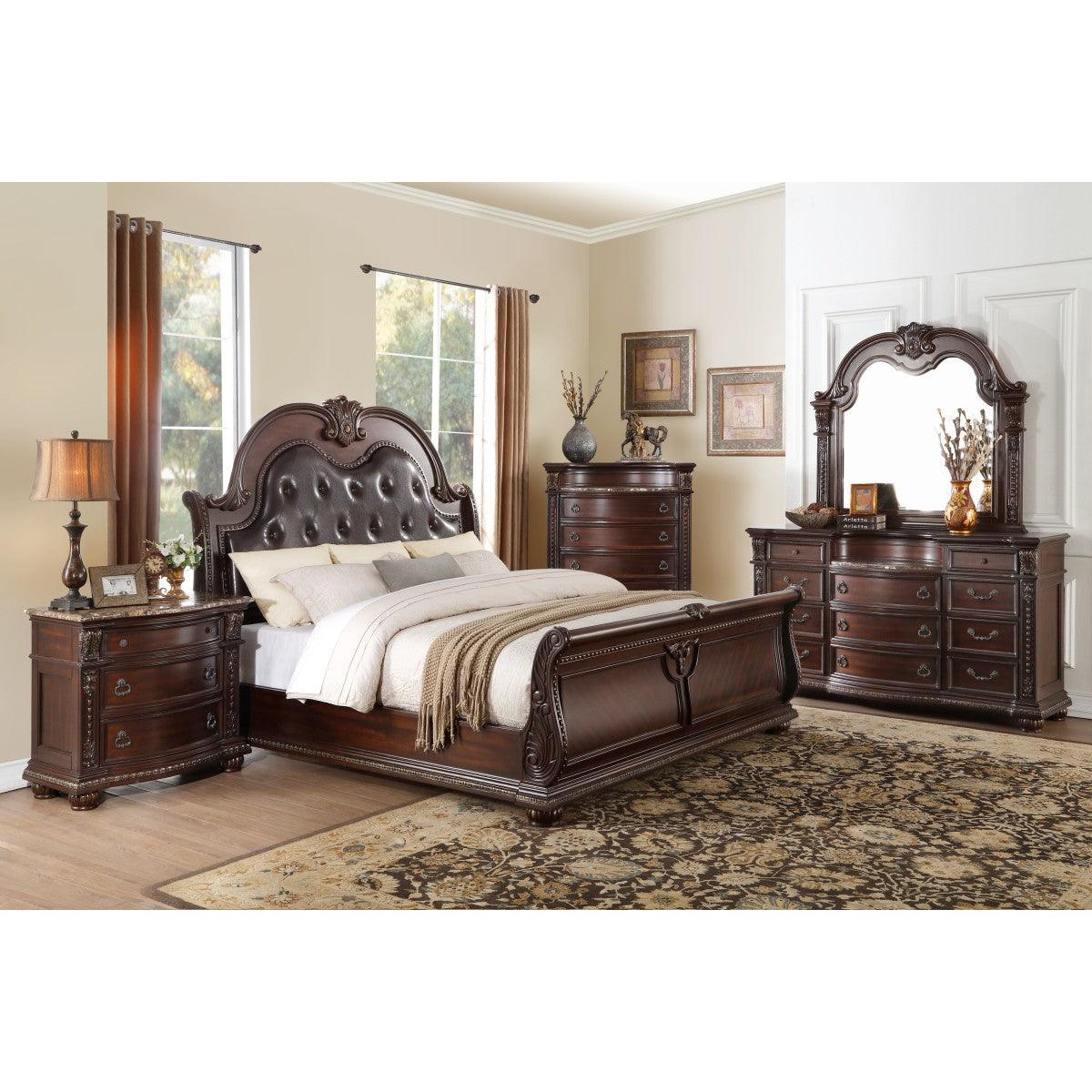 Angled view of Cavalier king sleigh bed with dark cherry finish and tufted headboard
