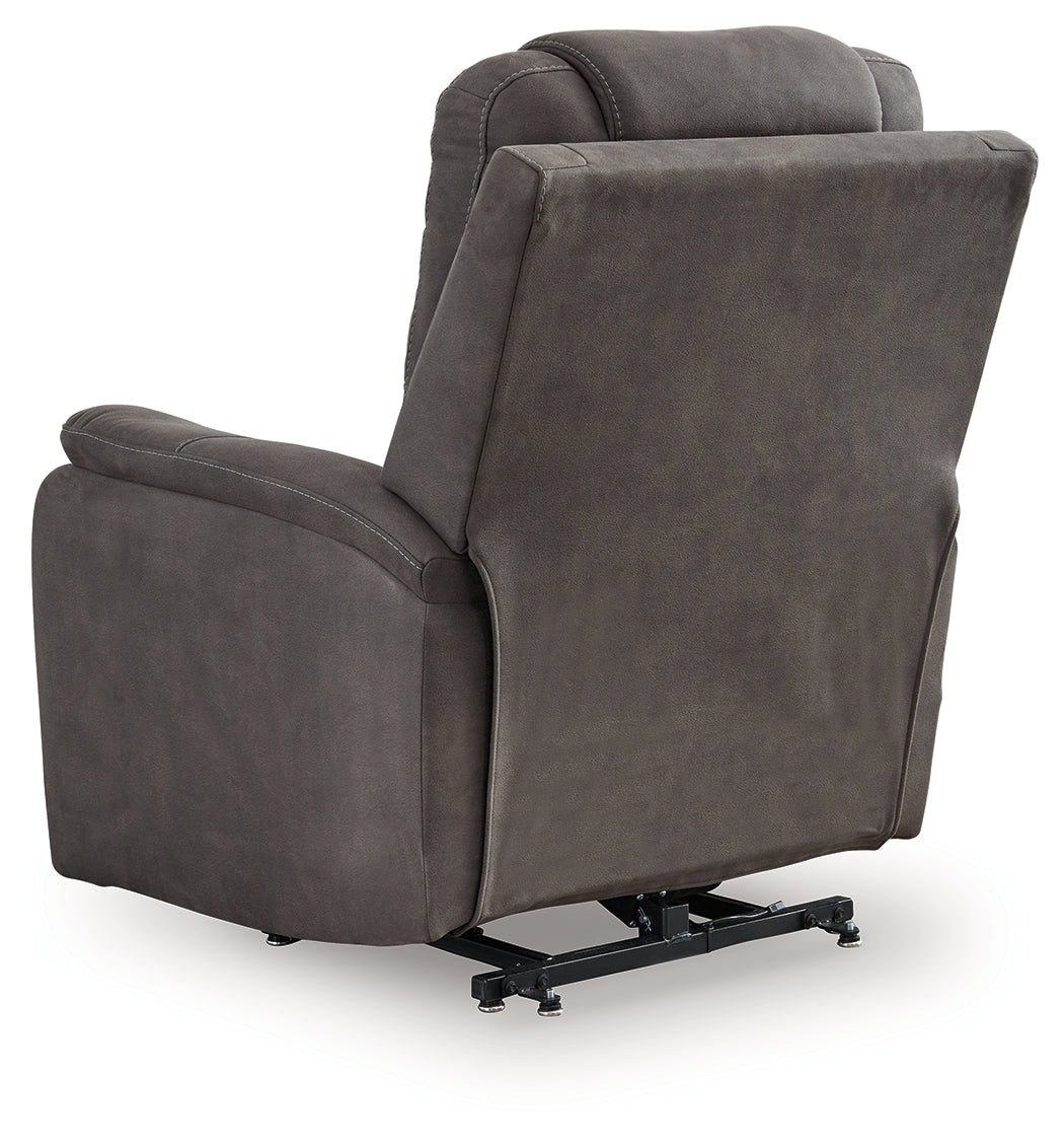 Back view of Snowfield Gunmetal Power Lift Recliner