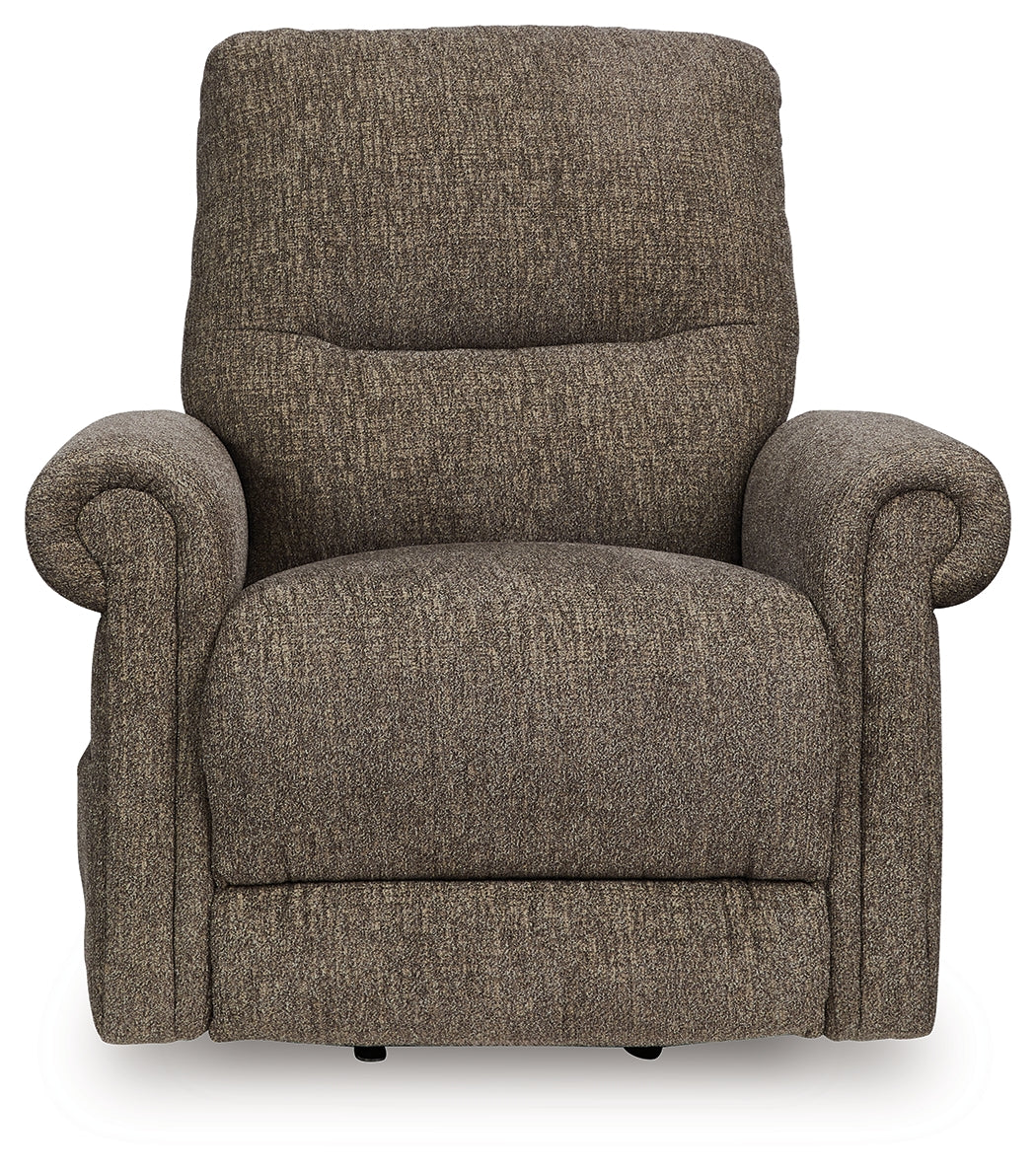 Reclining position view of Aureta Earth chenille power lift recliner