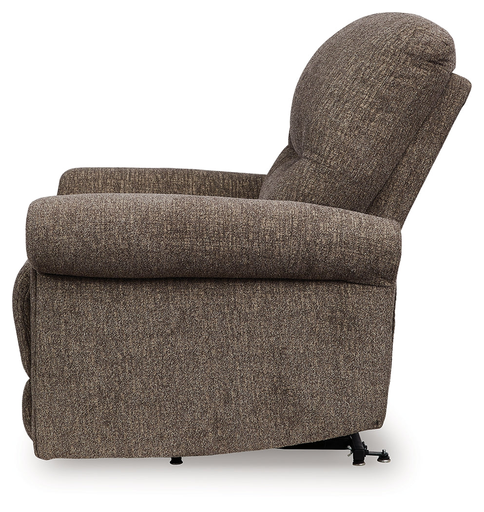Alternate side angle of Aureta Earth chenille power lift recliner