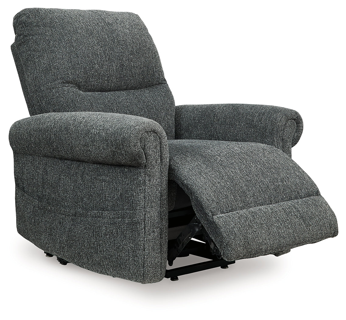 Side view of Aureta Charcoal Chenille Power Lift Recliner