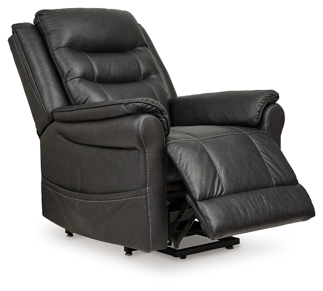 Side angle of Oatman Carbon faux leather power lift recliner