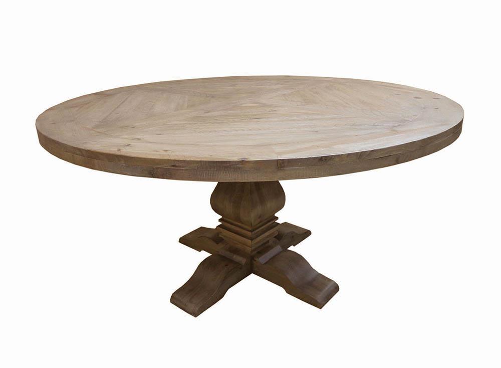 Round dining table with rustic smoke finish and pedestal base