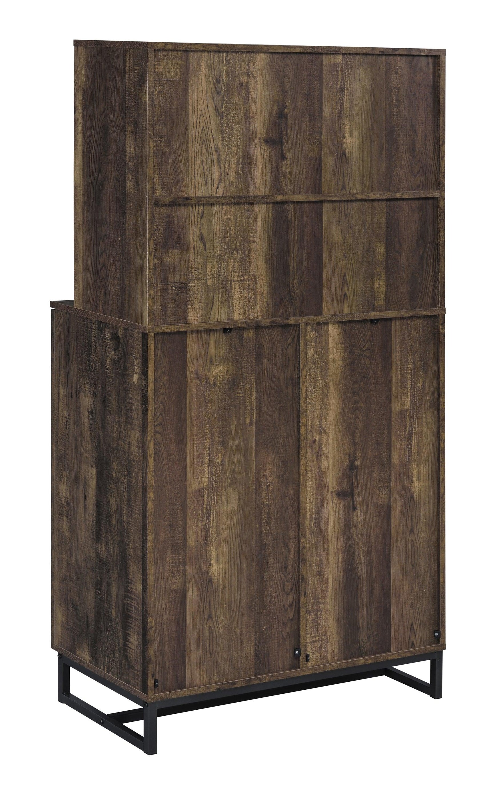Side view highlighting metal base and rustic oak finish