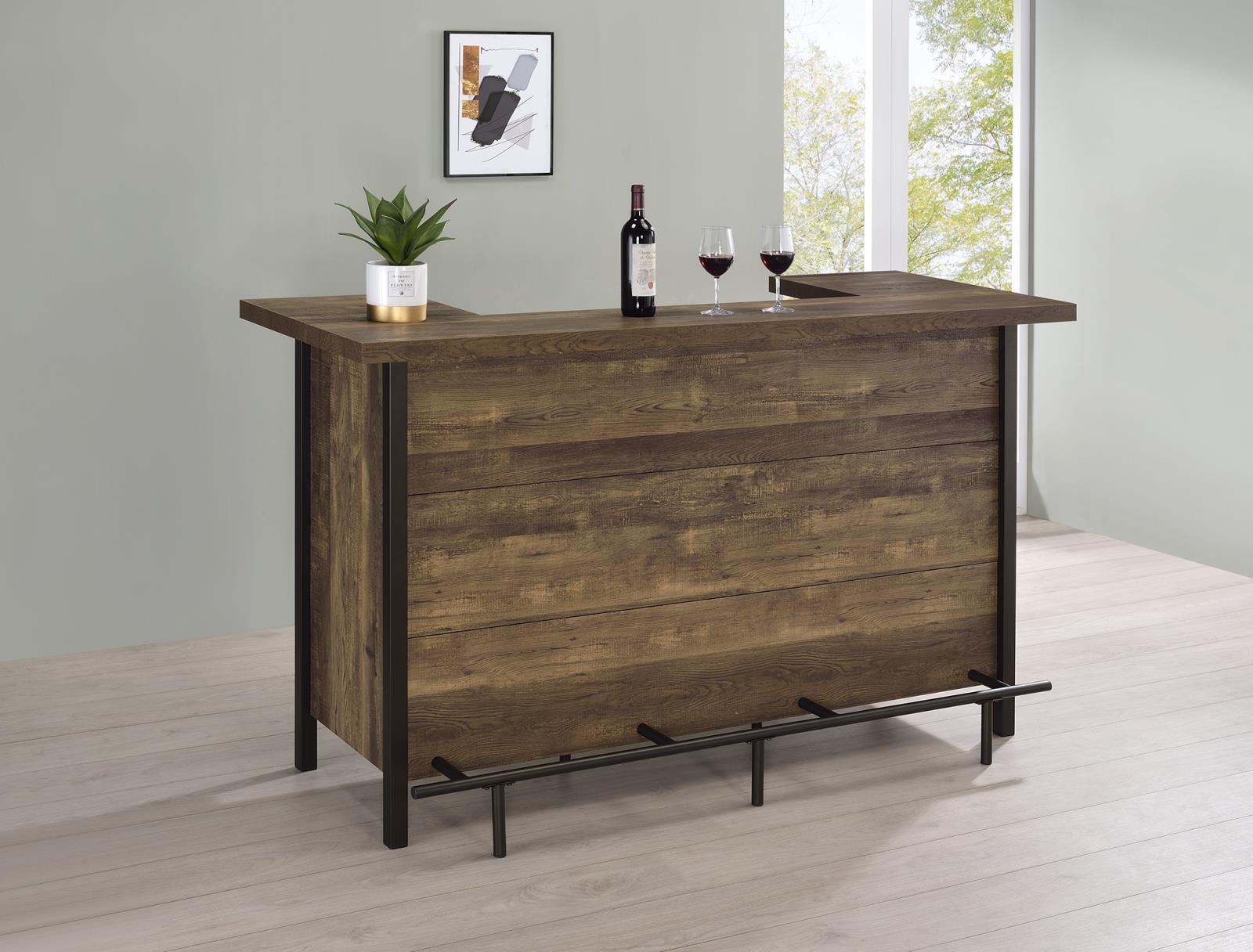 Side angle of Bellemore rustic oak bar unit showing storage compartments