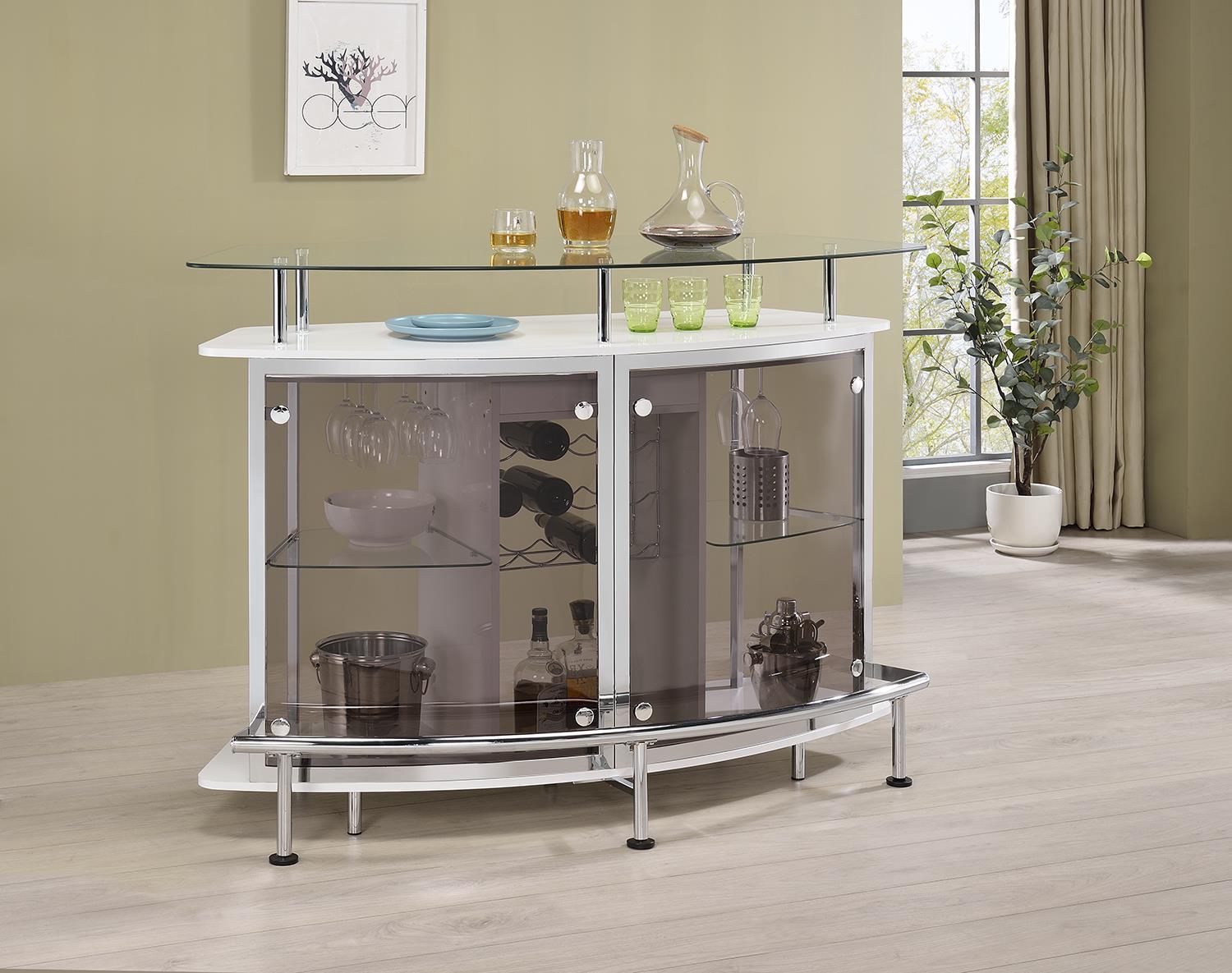 Gideon Crescent Shaped Glass Top Bar Unit with Drawer, side angle