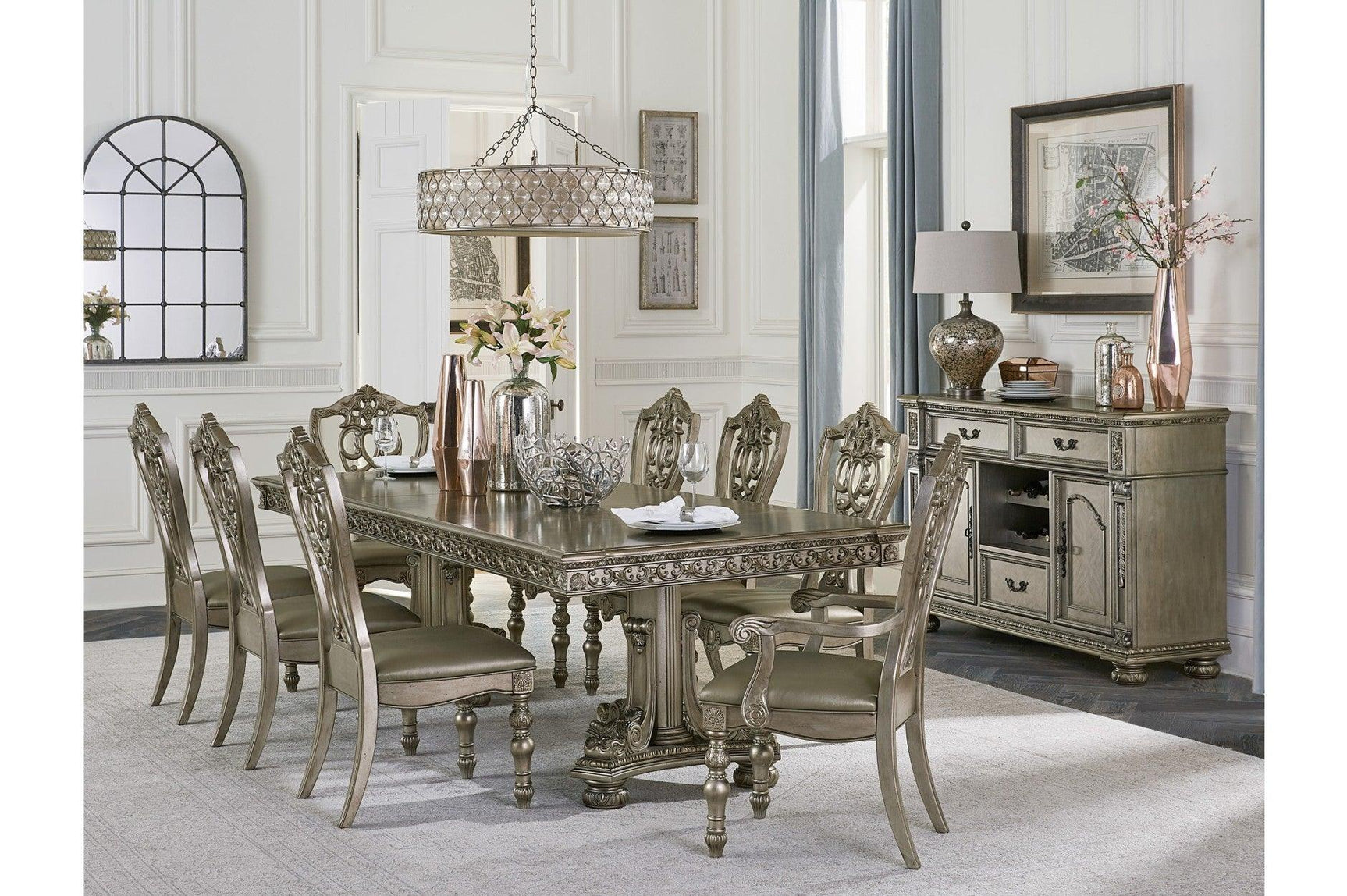 Room view of Catalonia Gold Dining Set showing table and chair arrangement