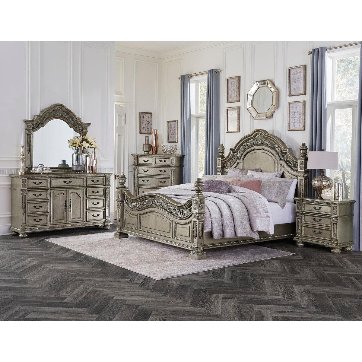 Catalonia Platinum Gold Queen Poster Bed angled view