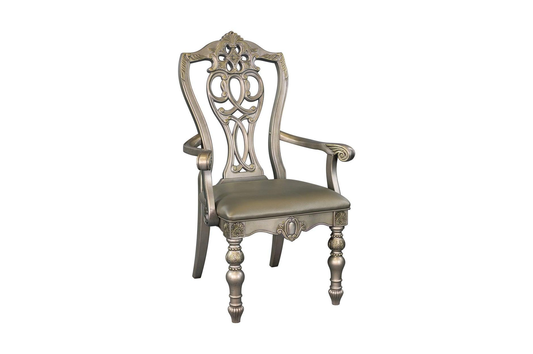 Side view of armchair with faux leather upholstery