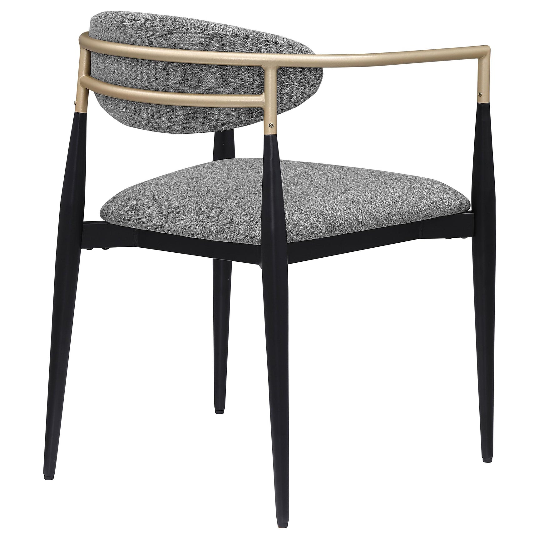 Alexis grey fabric upholstered dining arm chair with gold armrests, side view