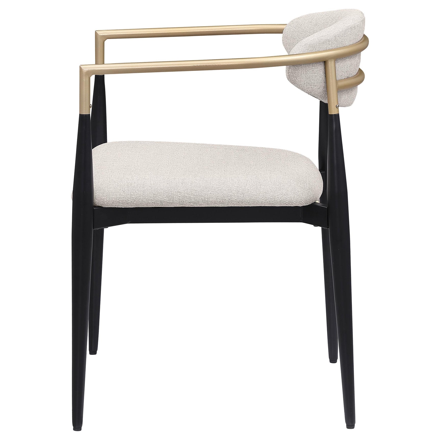 Alexis beige fabric upholstered dining arm chair front angle