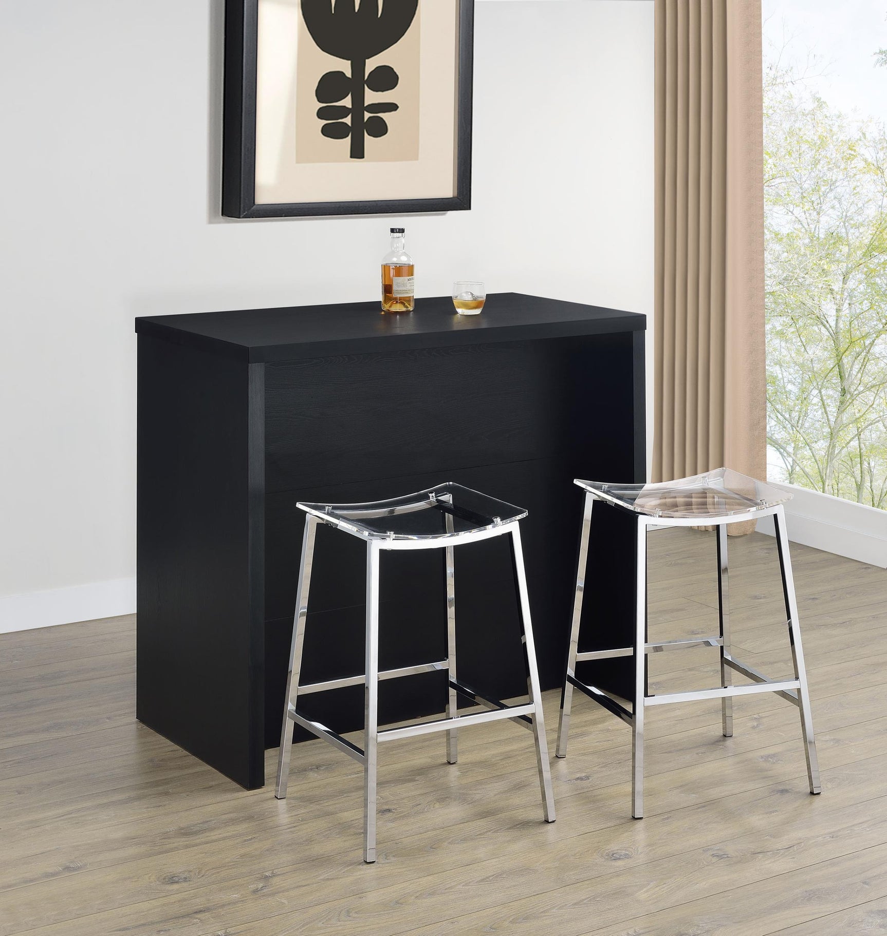 Side angle of Topanga black engineered wood freestanding home bar