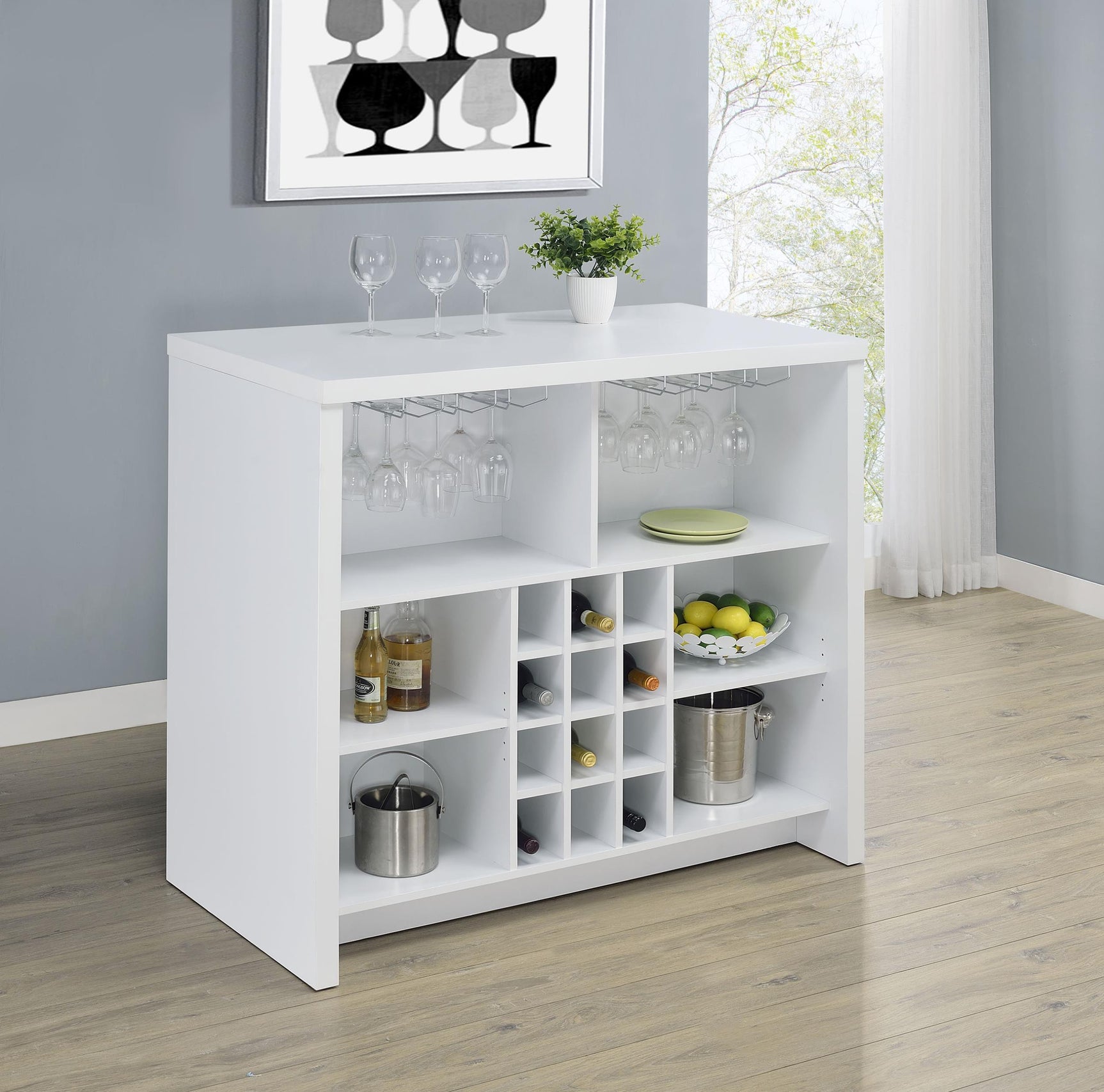 Side view of Topanga home bar in white finish