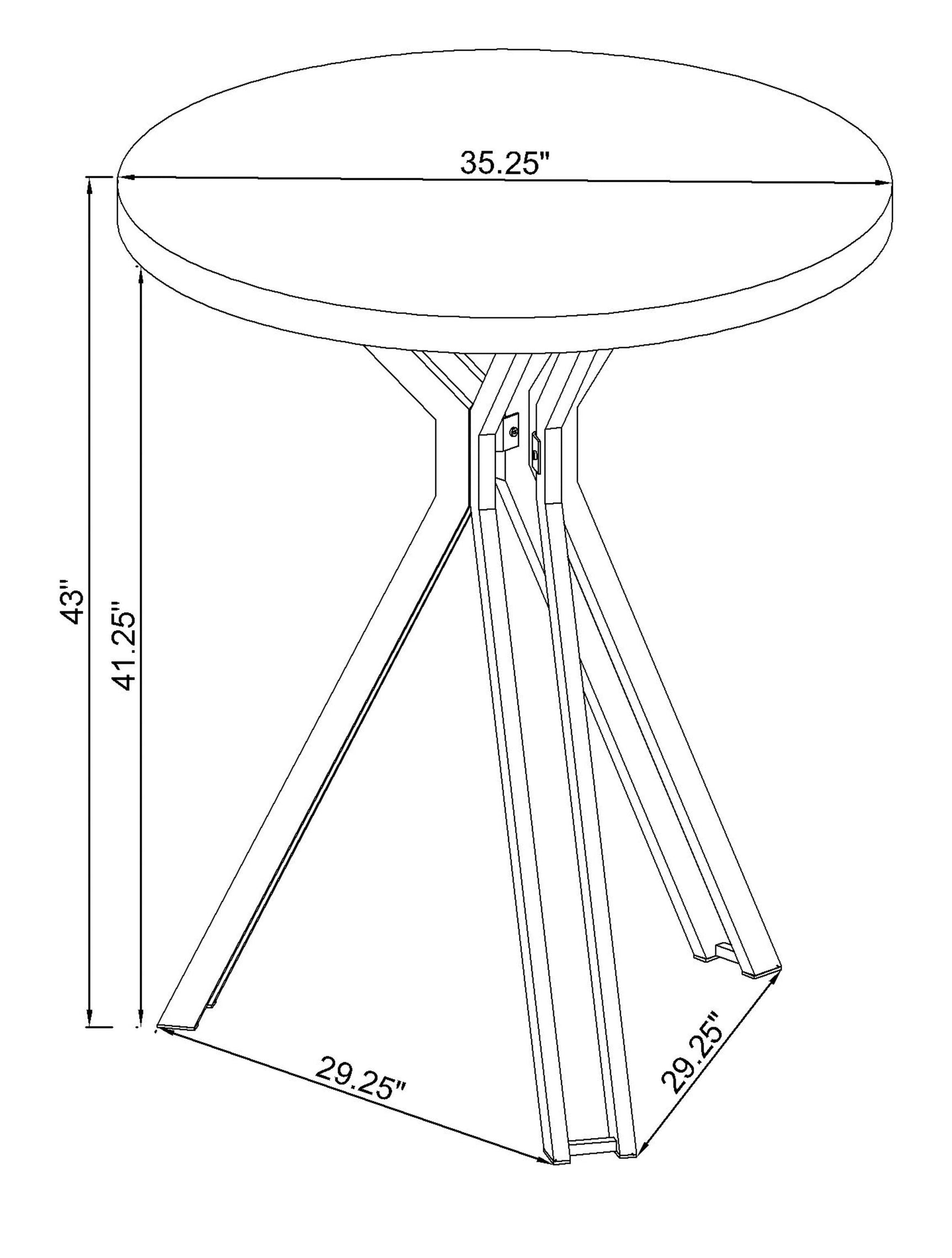 Side angle of Edgerton round bar table highlighting chrome hourglass pedestal base
