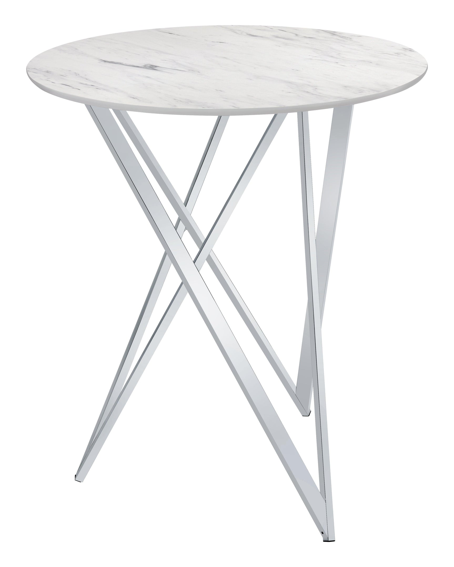 Side angle of Bexter faux marble bar table showing metal shelves