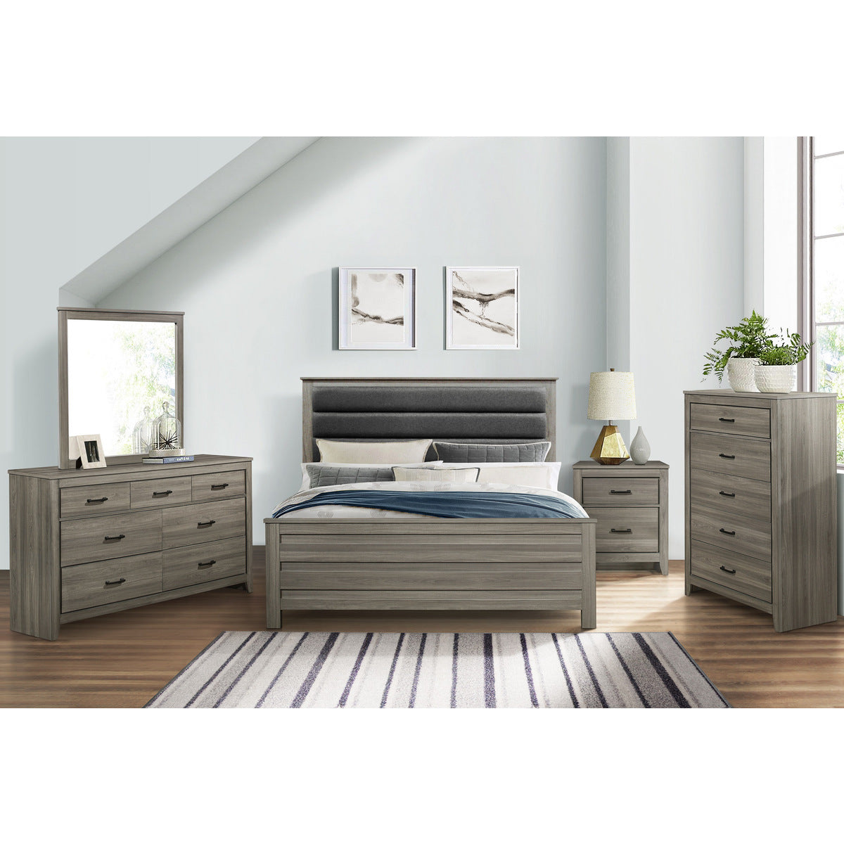 Kie gray upholstered eastern king panel bed side view
