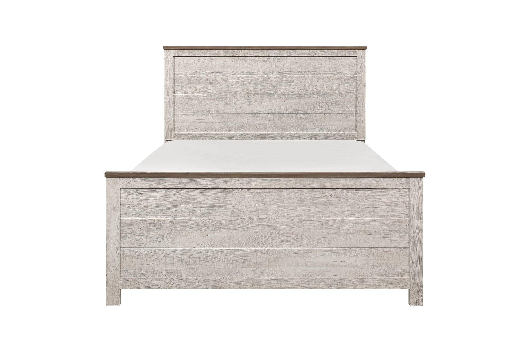 Side view of Nashville two-tone antique white and brown panel bed