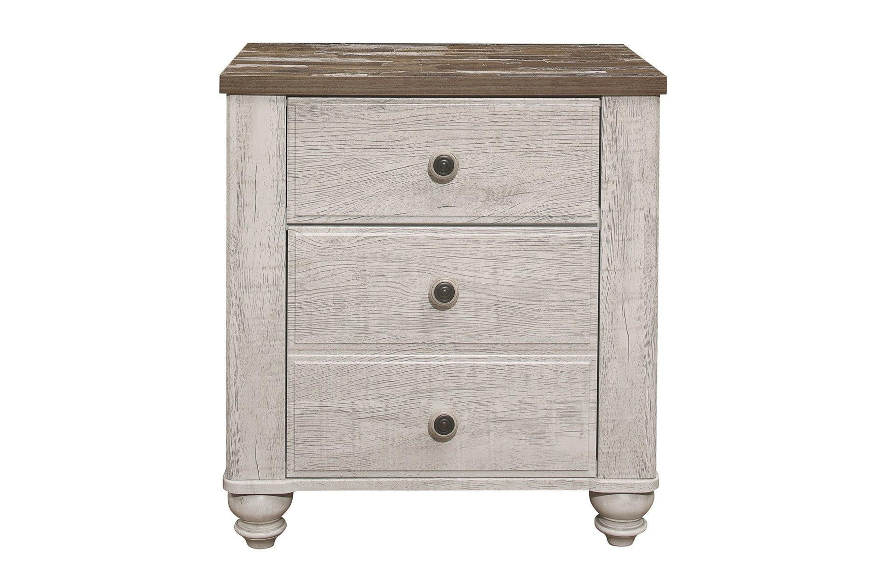 Front view of Nashville two-tone antique white and brown panel bed