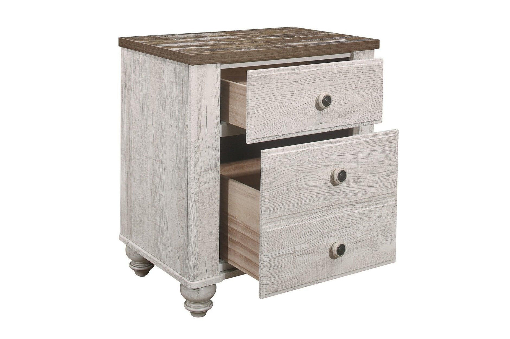 Open view showcasing Nashville two-tone antique white and brown panel bed