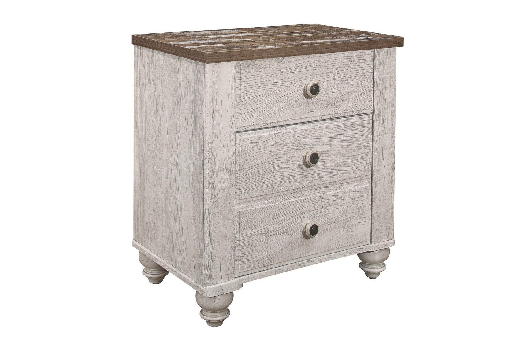 Side view of Nashville two-tone antique white and brown panel bed