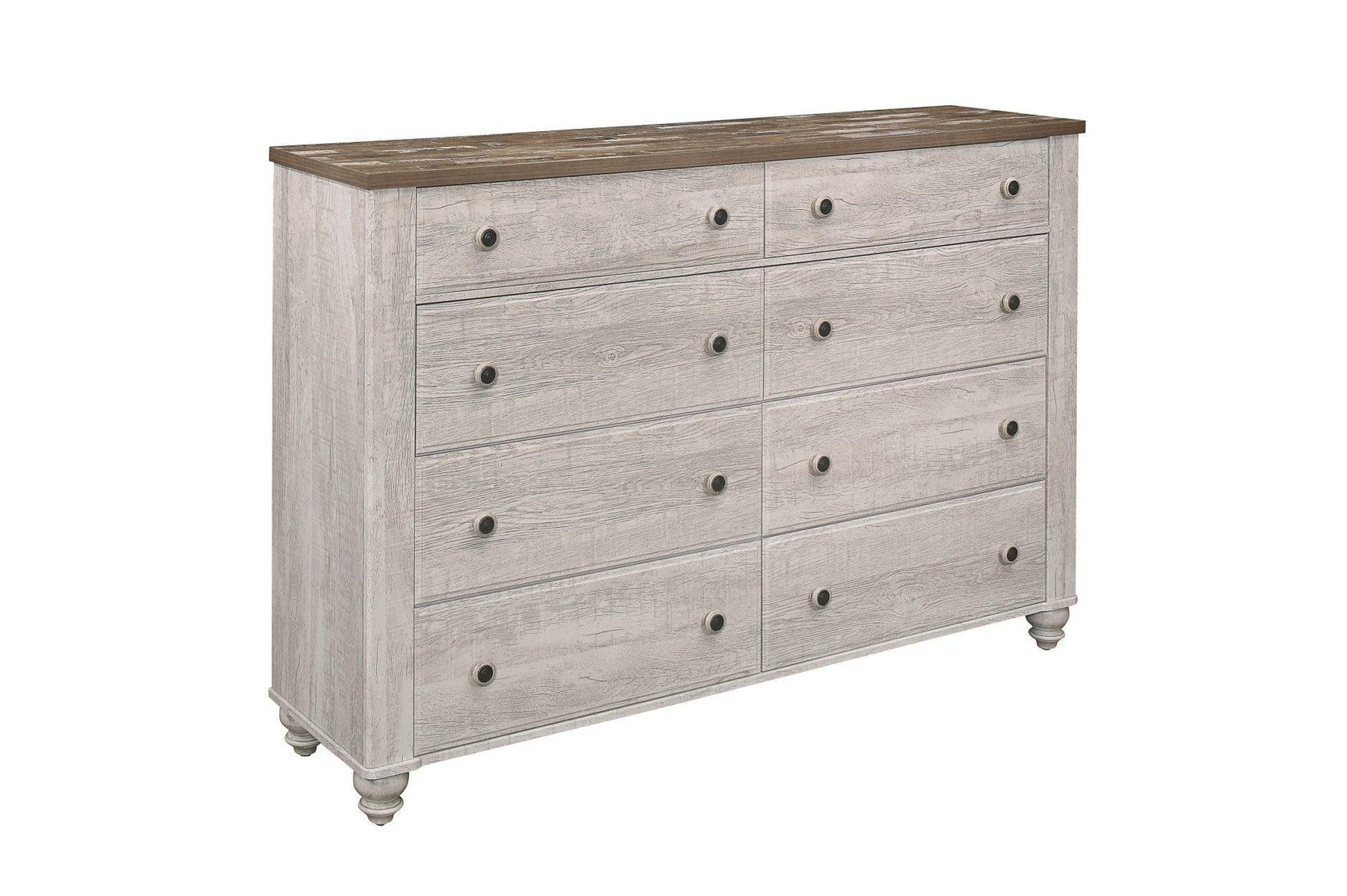 Side view of Nashville two-tone antique white and brown panel bed with dresser