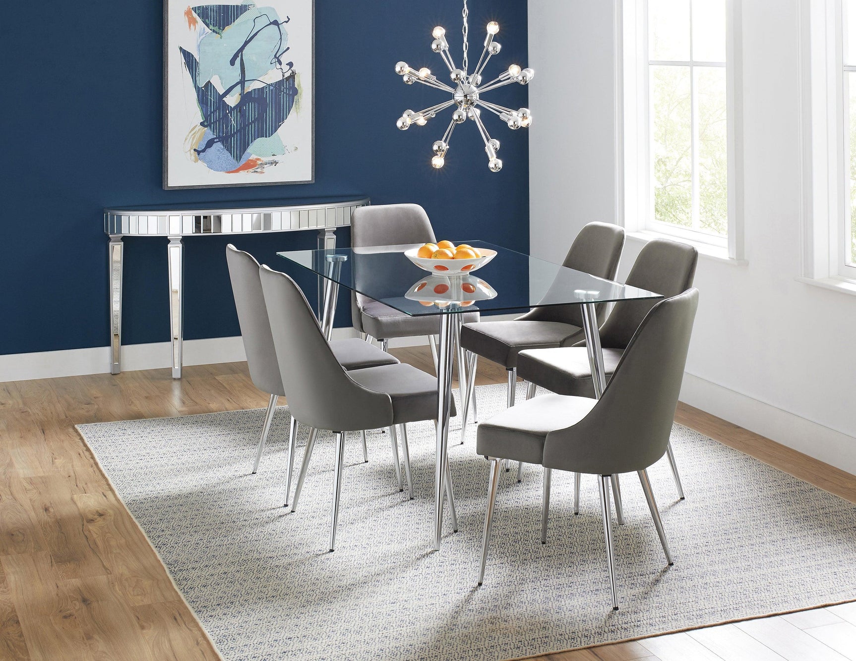 Gilman Rectangle Glass Top Dining Table side view showing geometric metal legs