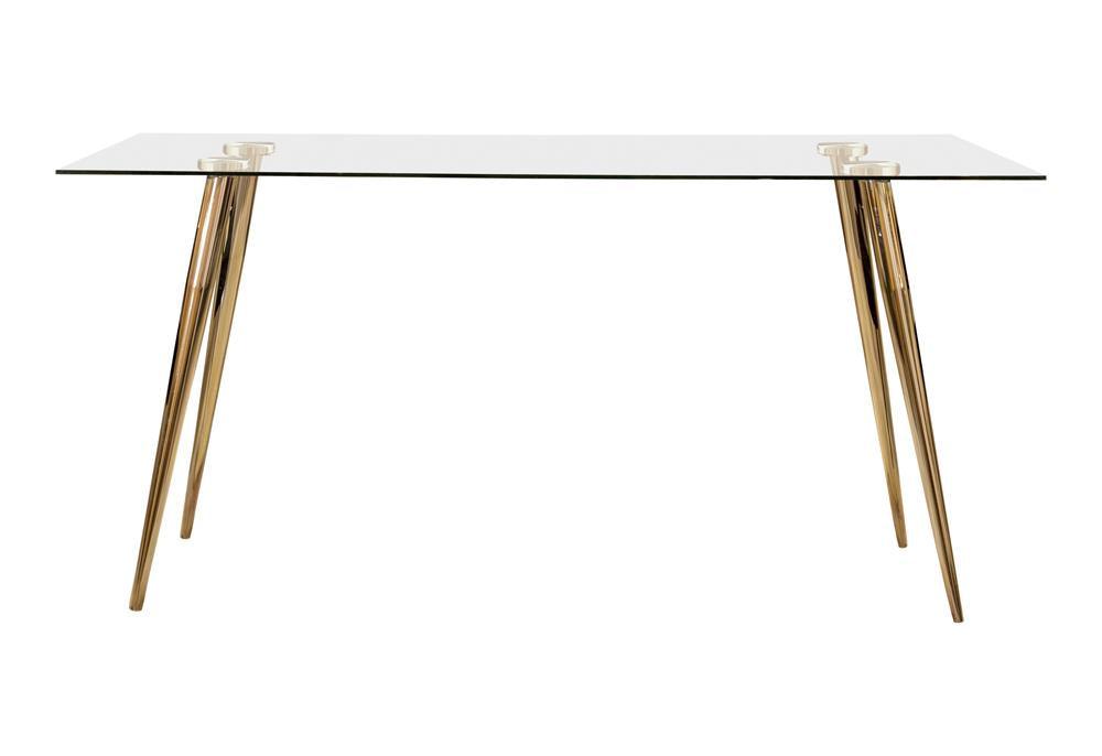 Gilman Rectangle Glass Top Dining Table showing glass top and flared tapered legs