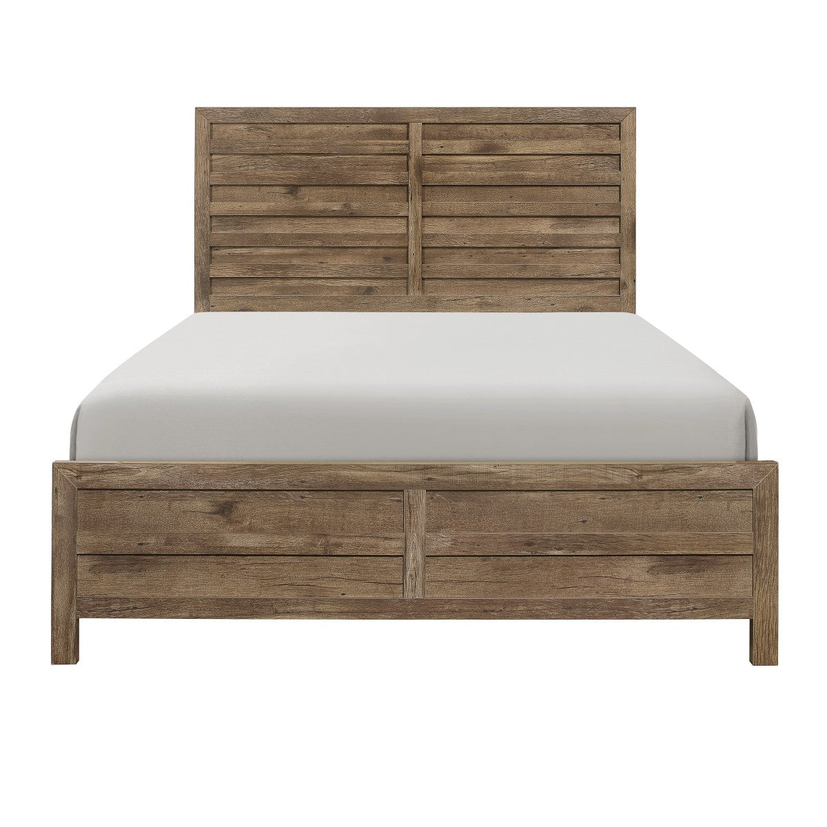 Kin Brown Panel King Bed in weathered pine finish, front view